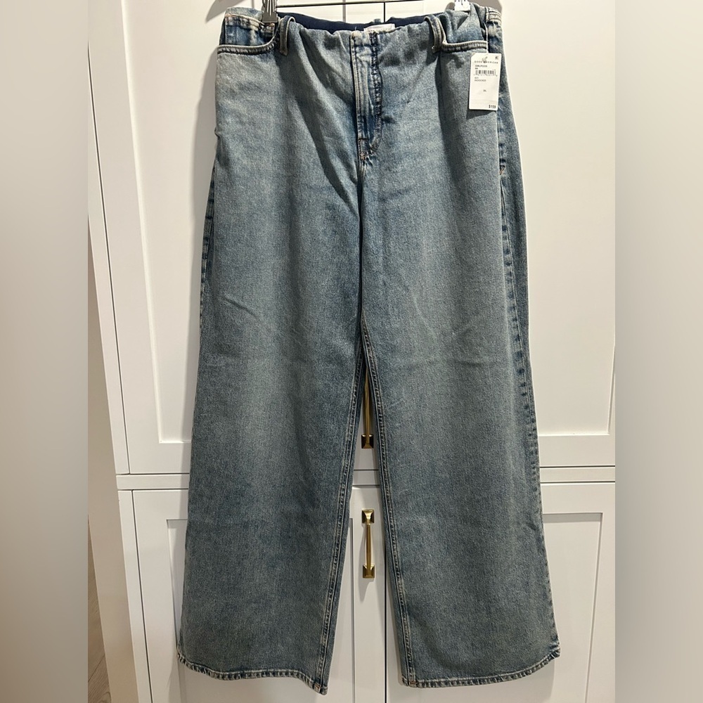 Good American jeans wide leg GWLPO235 elastic waist band Size 3 Large